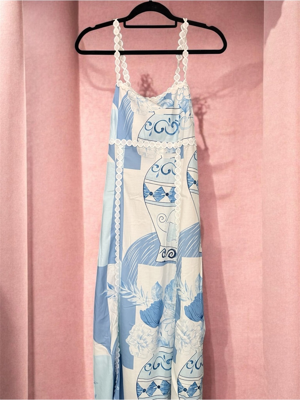 SHEIN Blue and White Maxi Dress with Lace Straps